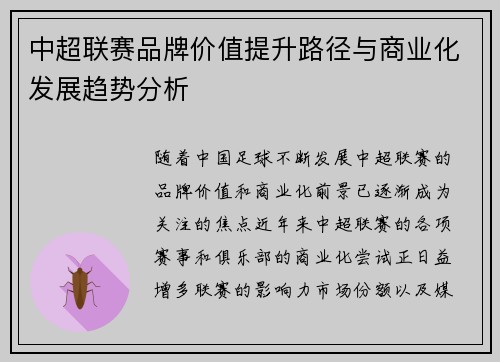 中超联赛品牌价值提升路径与商业化发展趋势分析