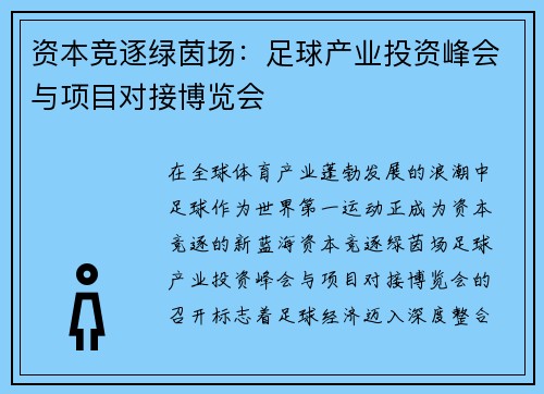 资本竞逐绿茵场：足球产业投资峰会与项目对接博览会